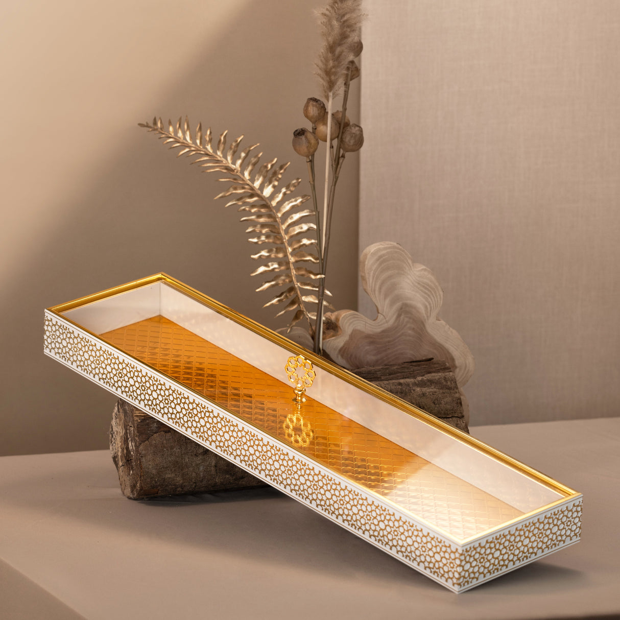 Royal BlossomHive 24" Slim Bamboo Tray – White & Gold