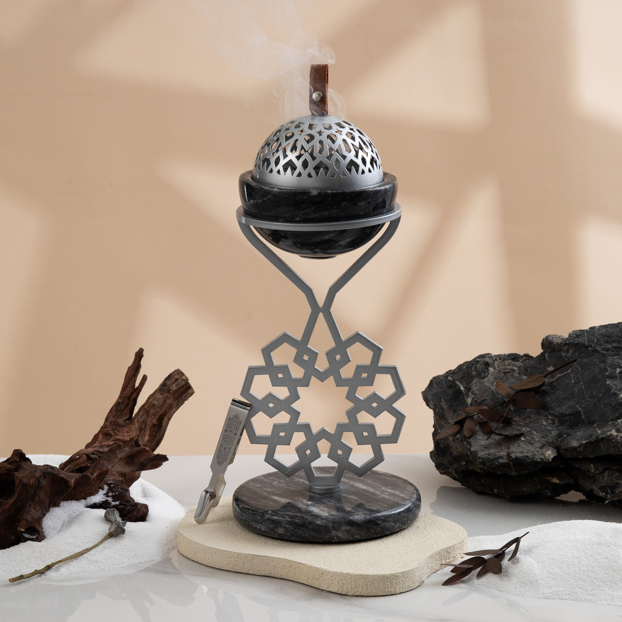 Athar - Marble Incense Burner (2-Pc)- Midnight Black & Silver