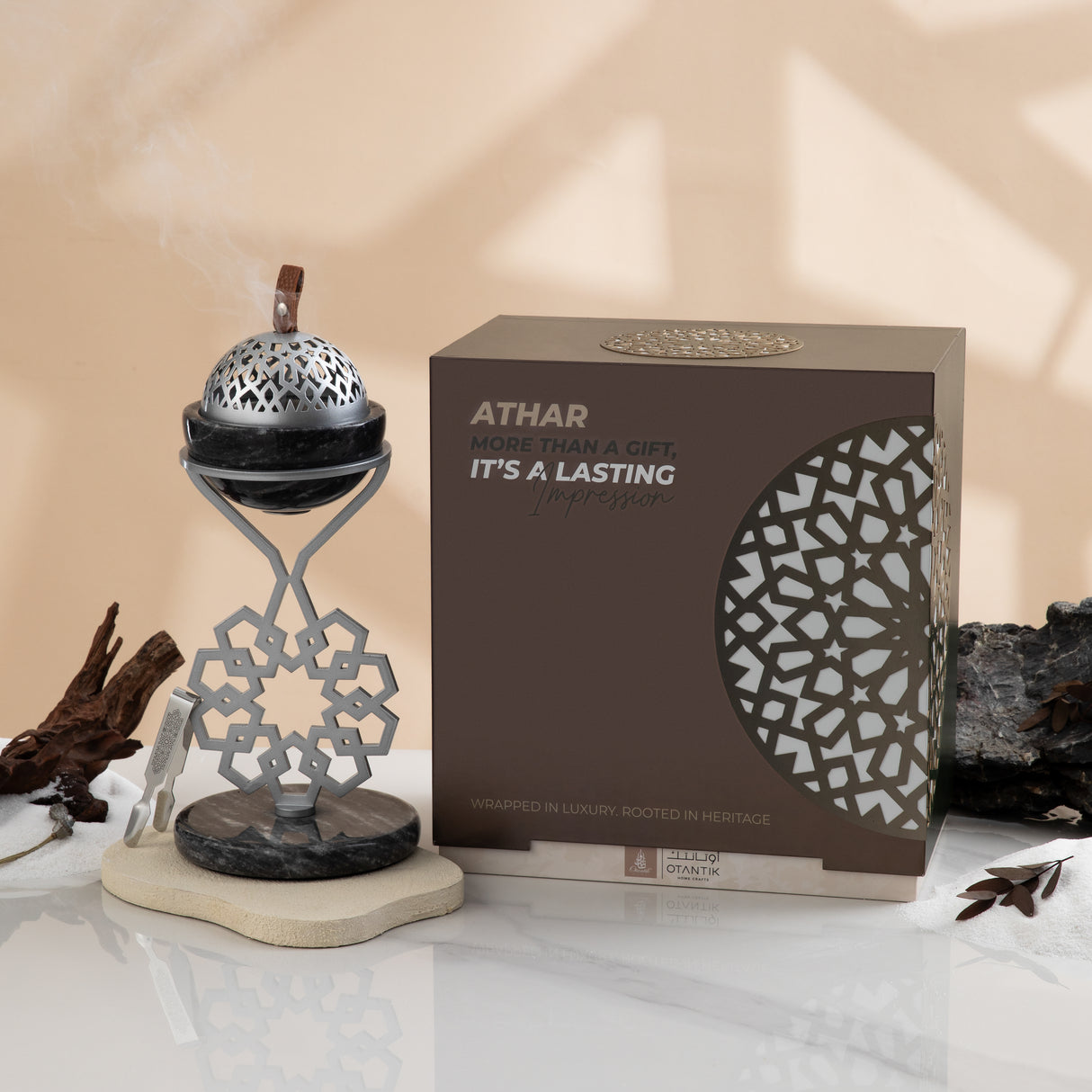 Athar - Marble Incense Burner (2-Pc)- Midnight Black & Silver