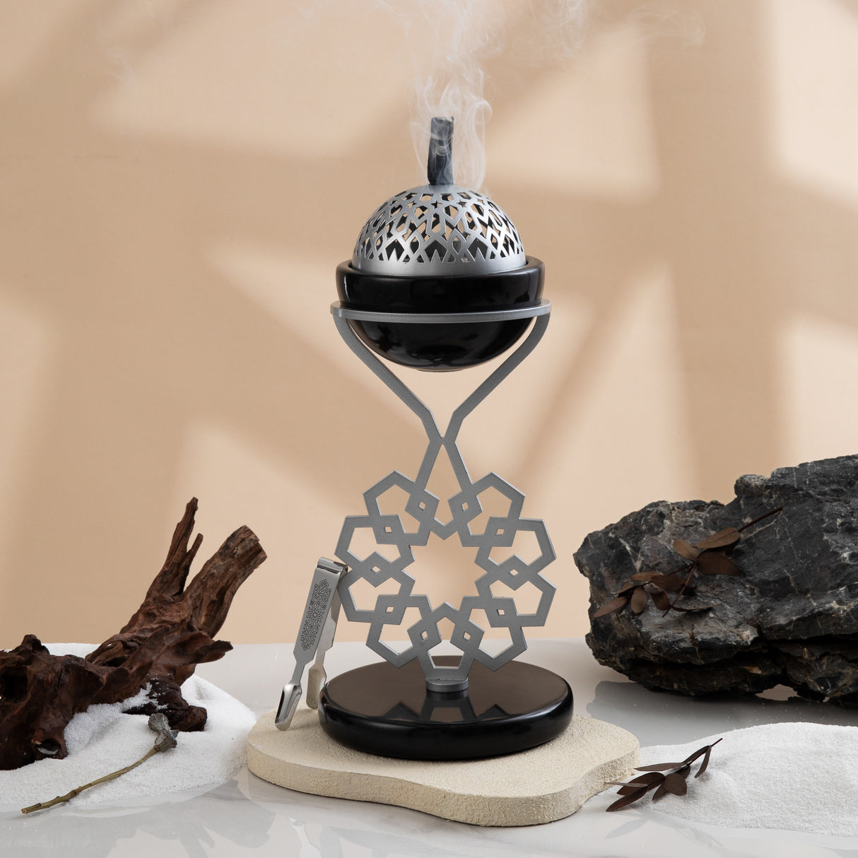 Athar - Marble Incense Burner (2-Pc)- Black & Silver