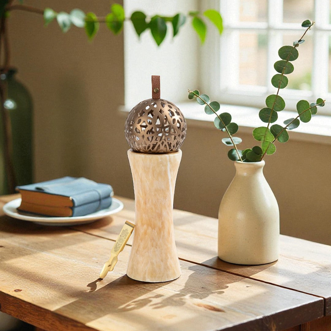 Athar - Marble Incense Burner (2-Pc)- Natural Beige & Bronze
