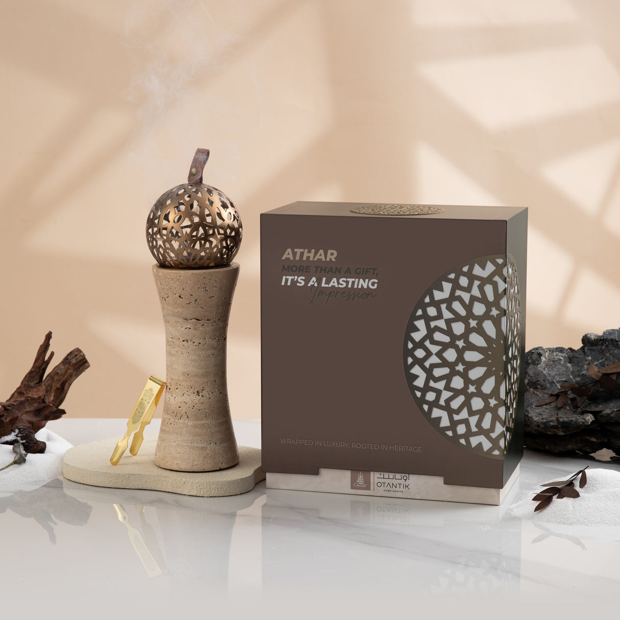 Athar - Sculpted Marble Incense Burner (2-Pc)- Warm Sand & Bronze