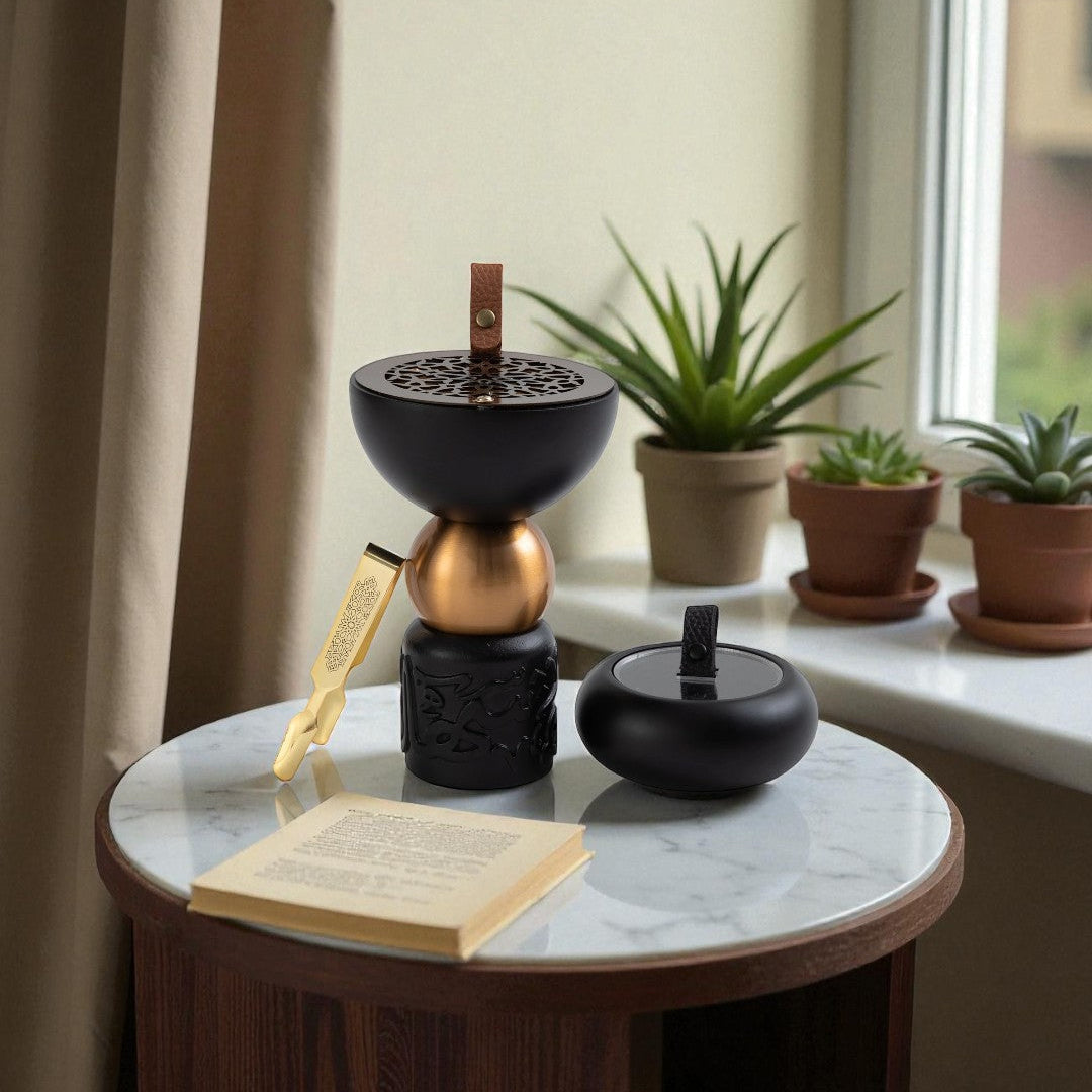 Athar - Wooden Incense Burner Set (3-Pc) - Black & Gold