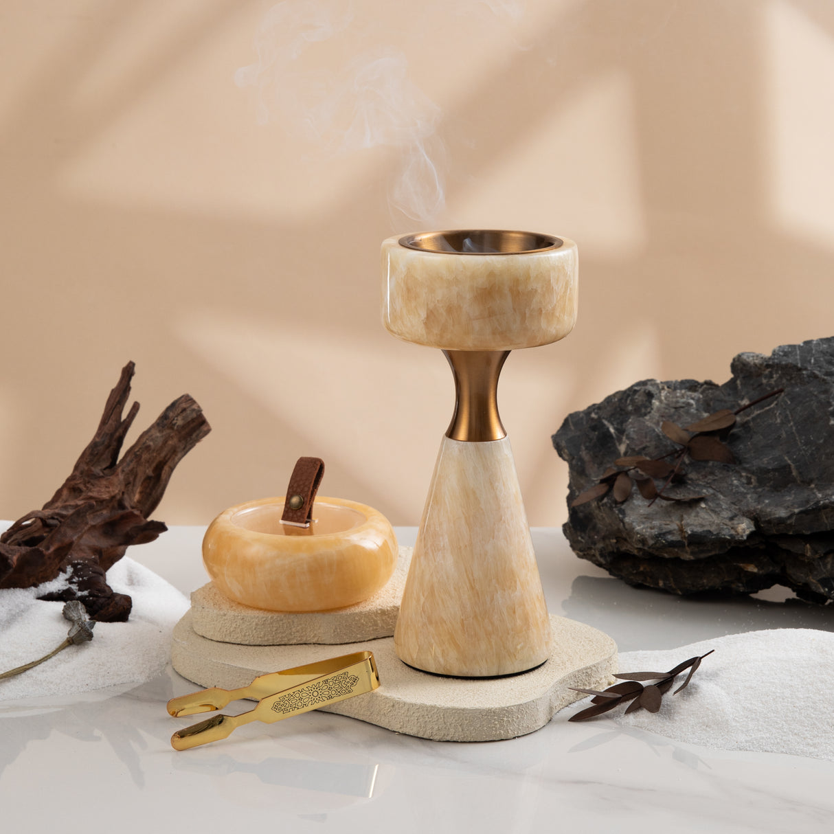 Athar - Sculpted Marble Incense Burner Set (3-Pc) - Natural Beige & Bronze