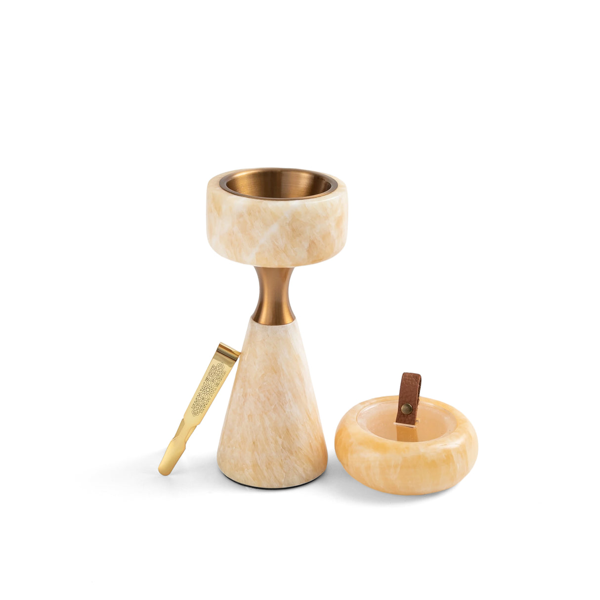Athar - Sculpted Marble Incense Burner Set (3-Pc) - Natural Beige & Bronze