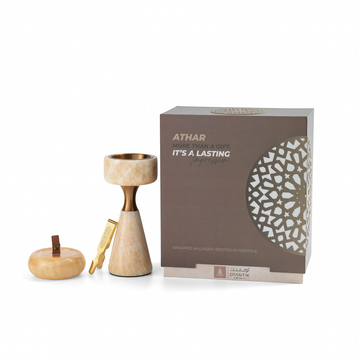 Athar - Sculpted Marble Incense Burner Set (3-Pc) - Natural Beige & Bronze