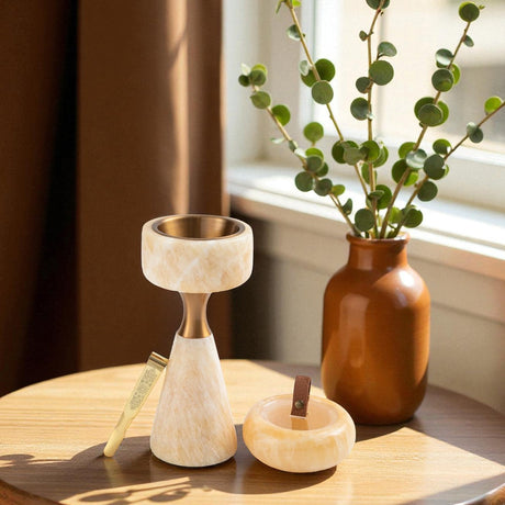 Athar - Sculpted Marble Incense Burner Set (3-Pc) - Natural Beige & Bronze