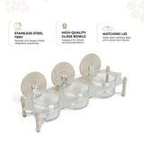 Jiwar - Triple Elegant Nut Serving Set with Engraved  Base - Beige & Silver