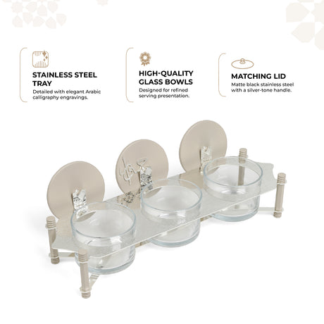 Jiwar - Triple Elegant Nut Serving Set with Engraved  Base - Beige & Silver