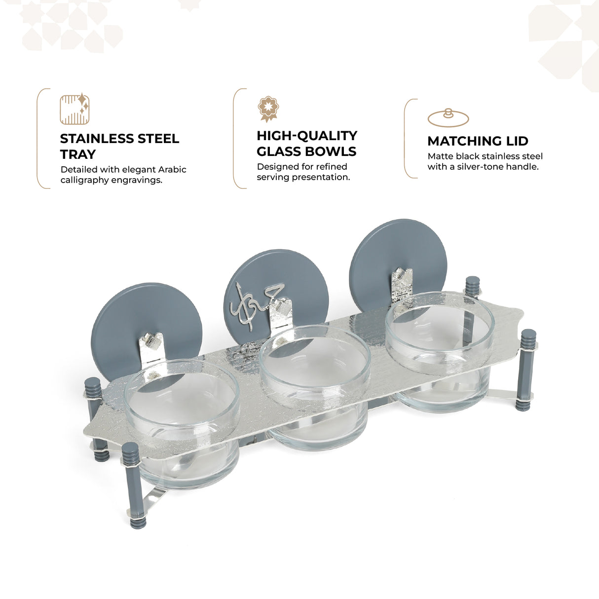 Jiwar - Triple Elegant Nut Serving Set with Engraved  Base - Haze BLue & Siver