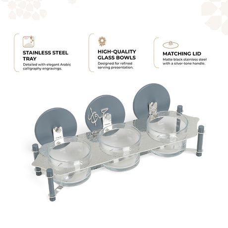 Jiwar - Triple Elegant Nut Serving Set with Engraved  Base - Haze BLue & Siver