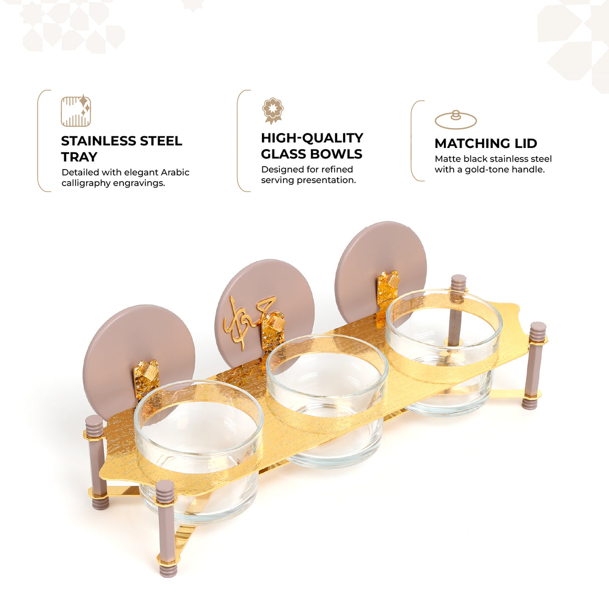 Jiwar - Triple Elegant Nut Serving Set with Engraved  Base - Lavender & Gold