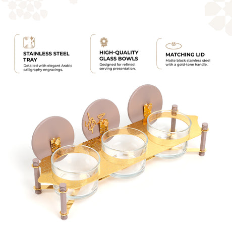 Jiwar - Triple Elegant Nut Serving Set with Engraved  Base - Lavender & Gold
