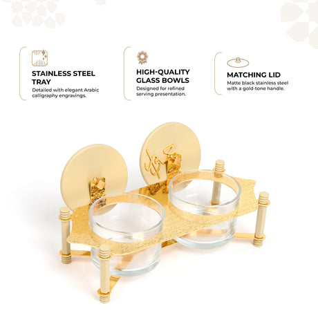 Jiwar - Dual Elegant Nut Serving Set with Engraved  Base - Ivory & Gold