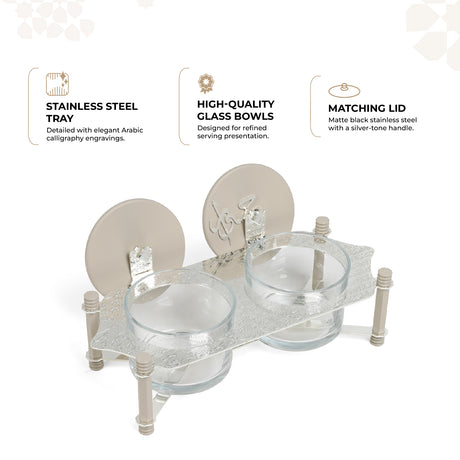 Jiwar - Dual Elegant Nut Serving Set with Engraved  Base - Beige & Silver