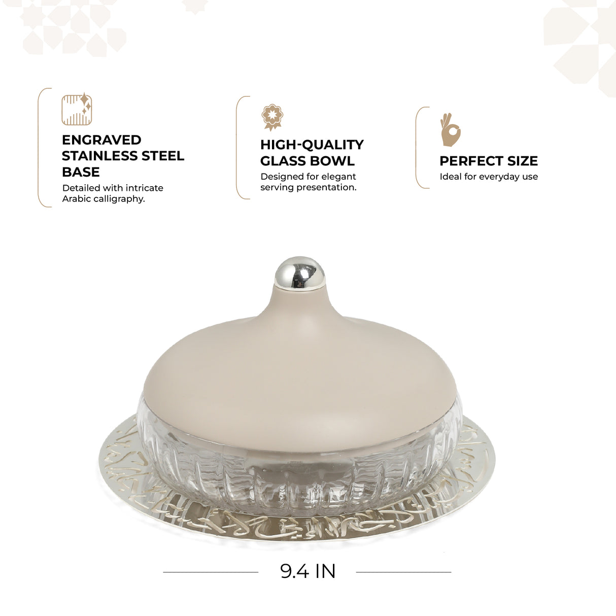 Jiwar - Medium Engraved Date & Dessert Centerpiece - Beige & Silver