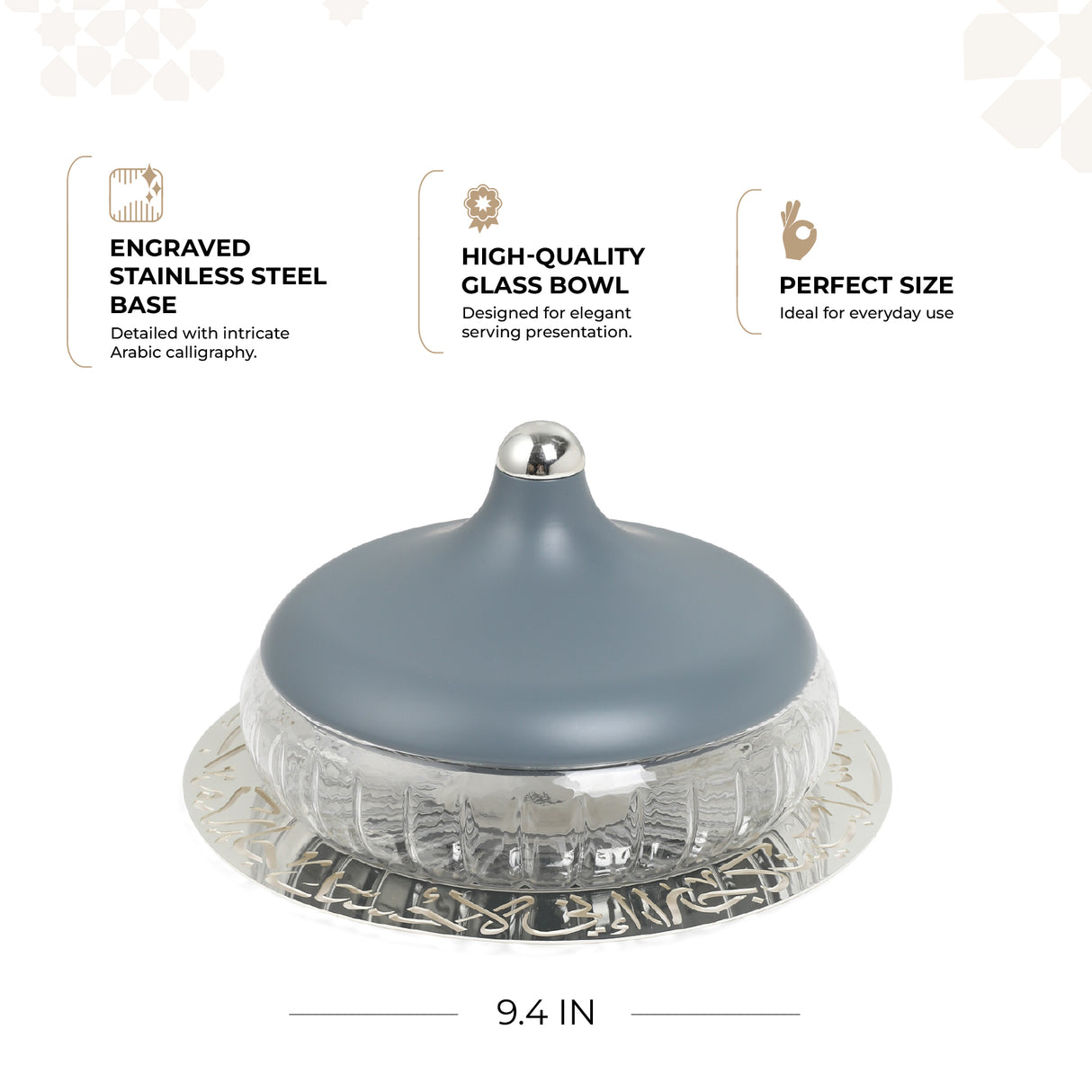 Jiwar - Medium Engraved Date & Dessert Centerpiece - Haze Blue & Silver