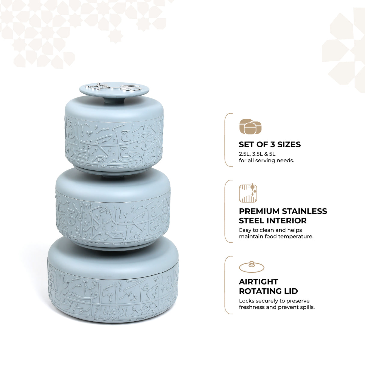 Jiwar - Food Thermos/Warm Serv (Set of 3)- Haze Blue & Silver