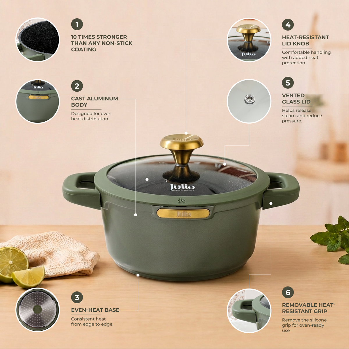 Julia Elite Top 9.5" Nonstick Cooking Pot with Lid – Olive Green