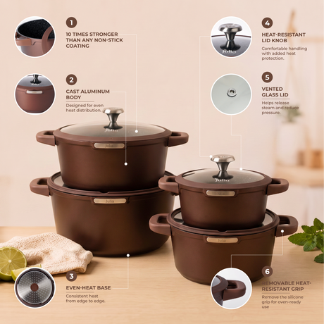 Julia Elite Mocha 8-Piece Nonstick Cookware Set – Mocha