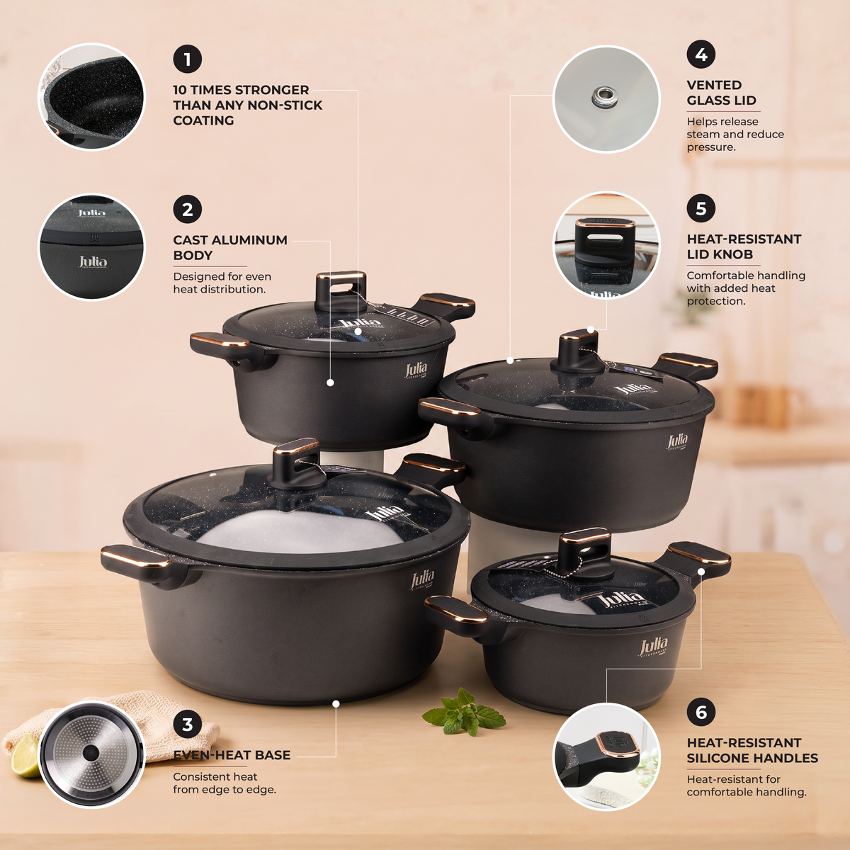 Julia Elite Pro Plus 8-Piece Nonstick Cookware Set – Black