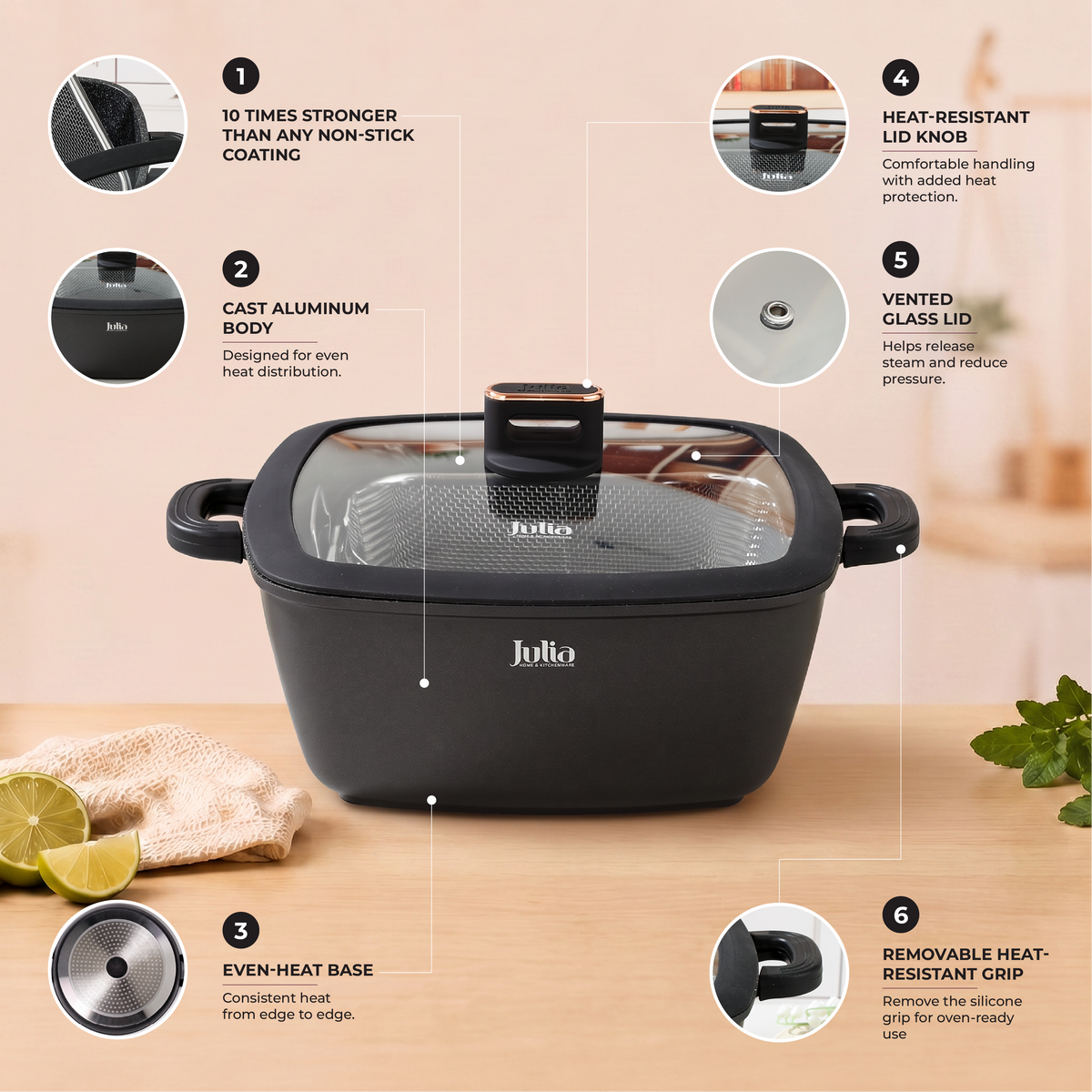 Julia Elite Pro Plus 11" Nonstick Square Cooking Pot with Fry Basket & Lid – Black