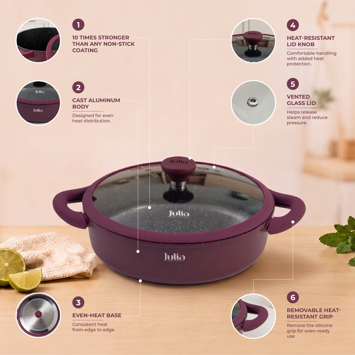 Julia Elite Velvet Berry 11" Nonstick Shallow Cooking Pot with Lid – Velvet Berry