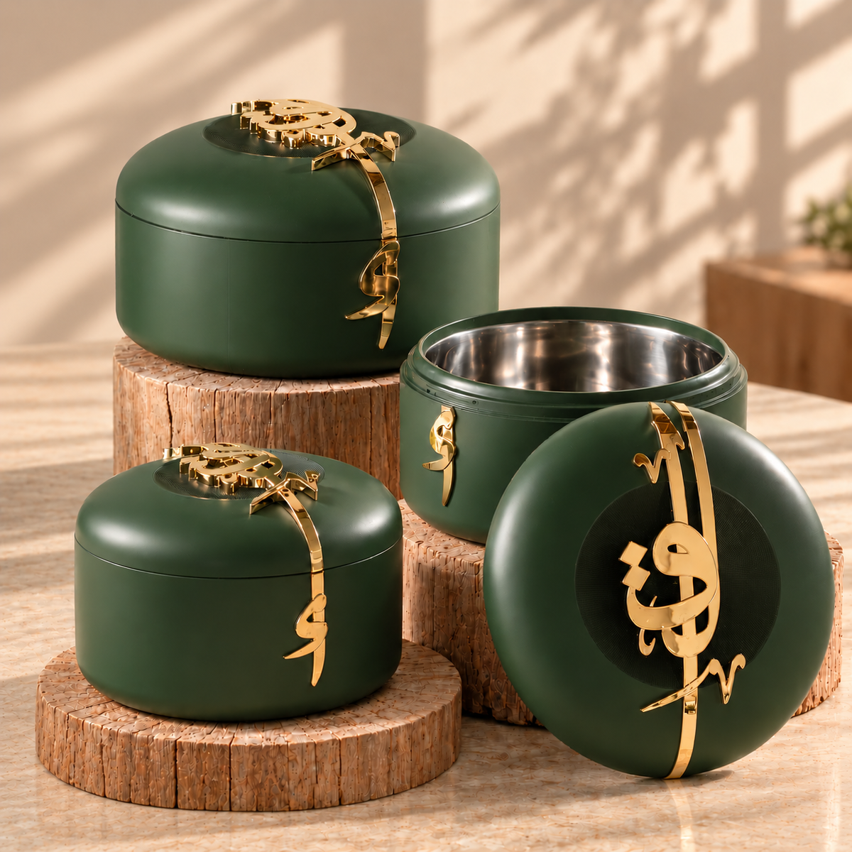 Liqa'a - Food Thermos/ Warm Serv (Set of 3) - Olive Green  & Gold