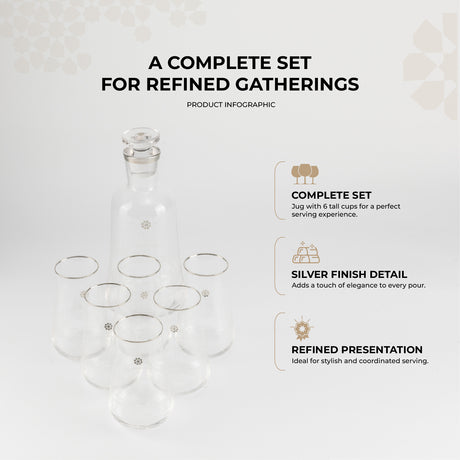 Mirral- Jug with 6 Tall glass cups - Silver