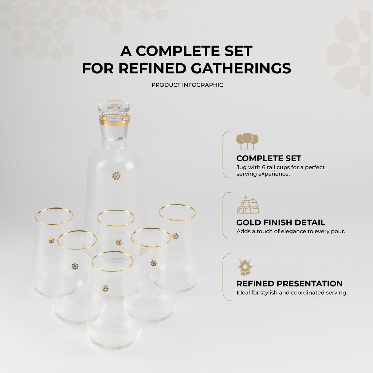 Mirral- Jug with 6 Tall glass cups - Gold