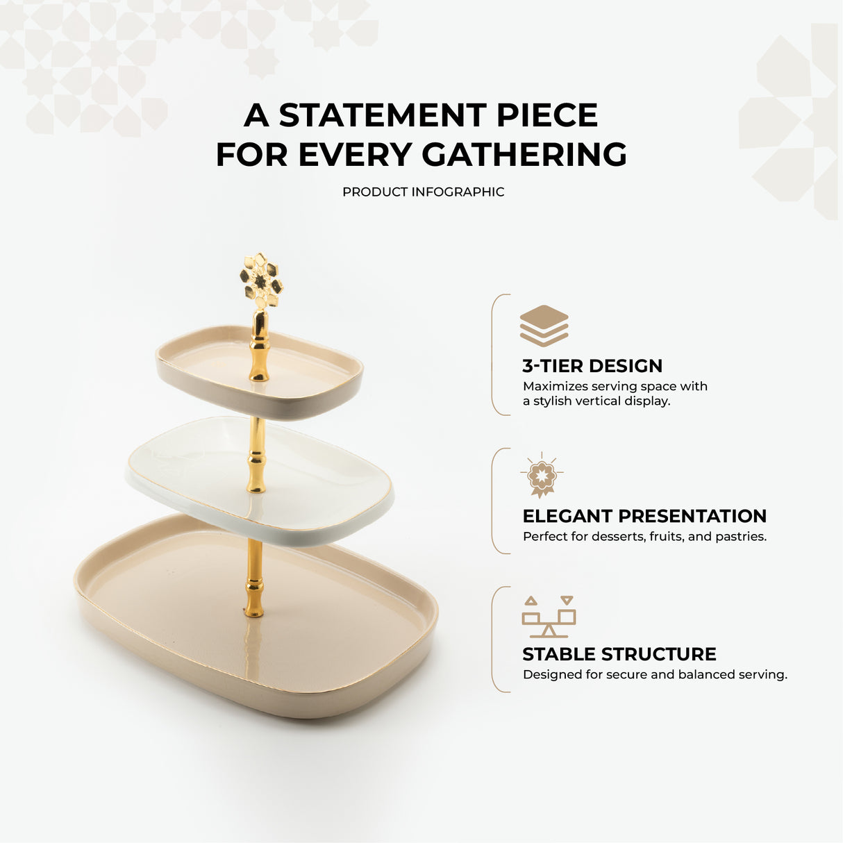 Mirral - 3 Tier Plate - Beige & Gold