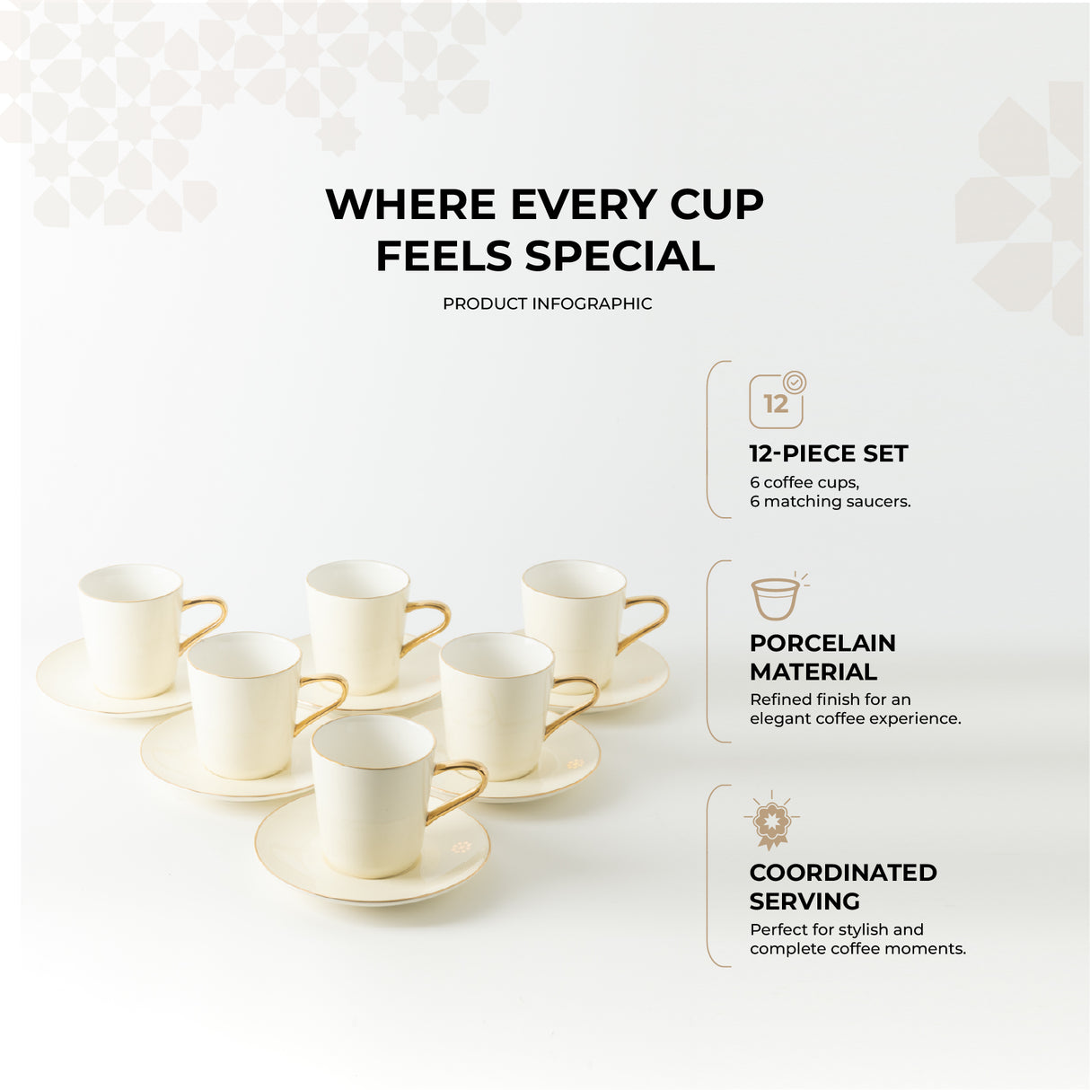 Mirral - Cappuccino Set (12-Pc) - White & Gold