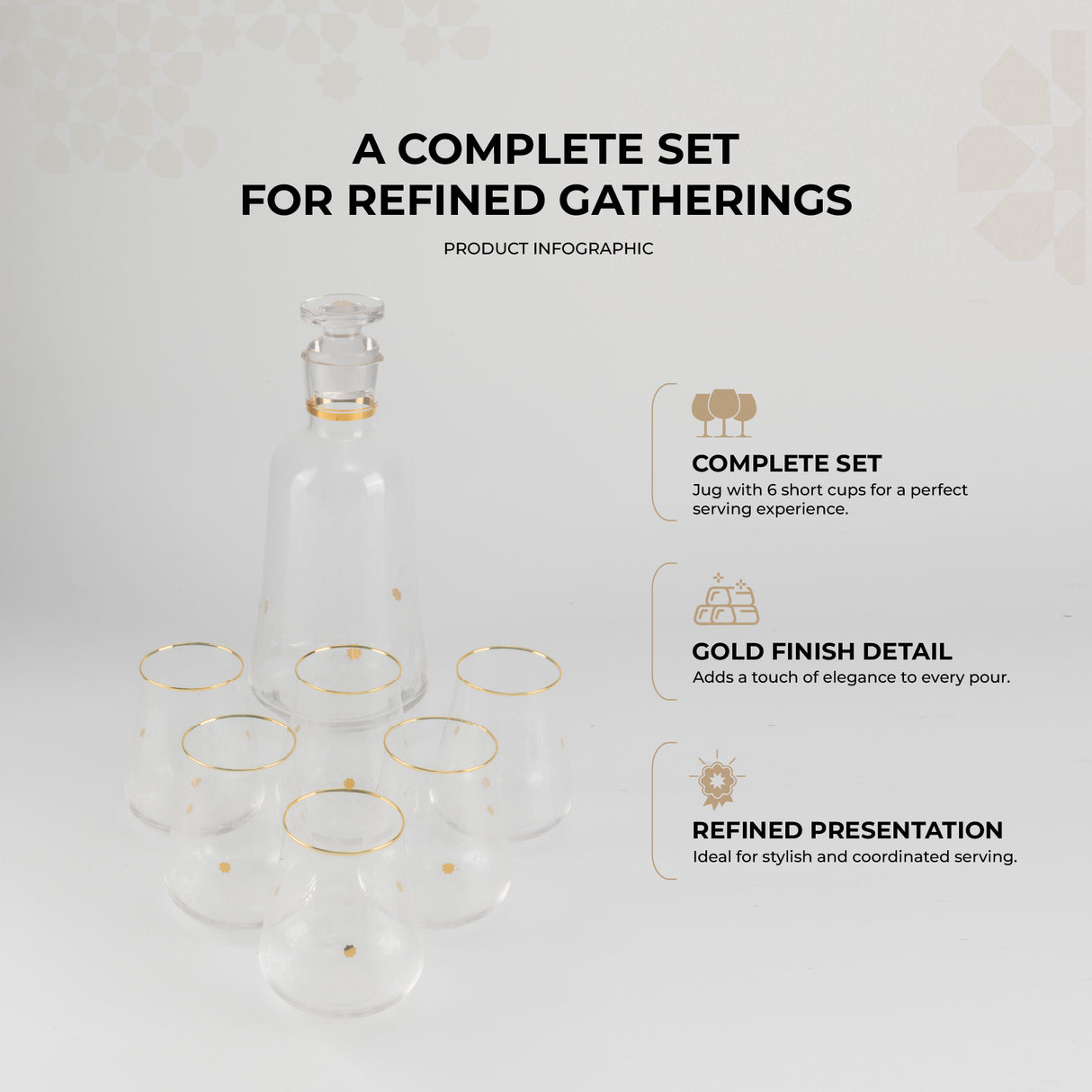 Nourhan - Jug with 6 Short glass cups - Gold
