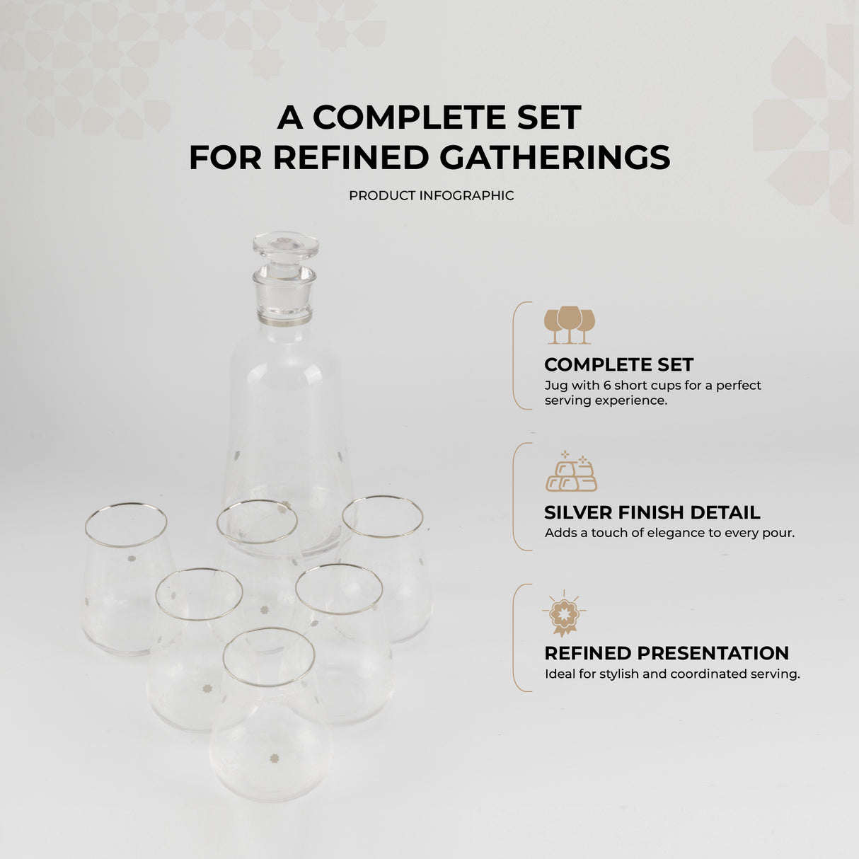 Nourhan - Jug with 6 Short glass cups - Silver
