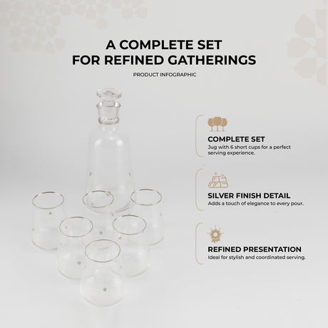 Nourhan - Jug with 6 Short glass cups - Silver