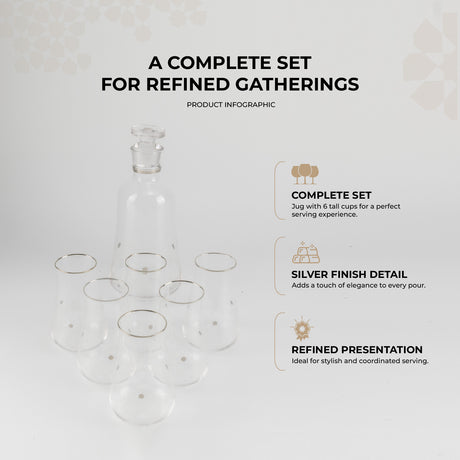 Nourhan - Jug with 6 Tall glass cups - Silver