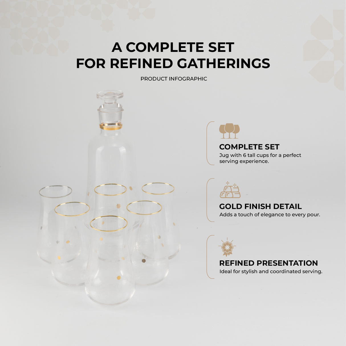 Nourhan - Jug with 6 Tall glass cups - Gold