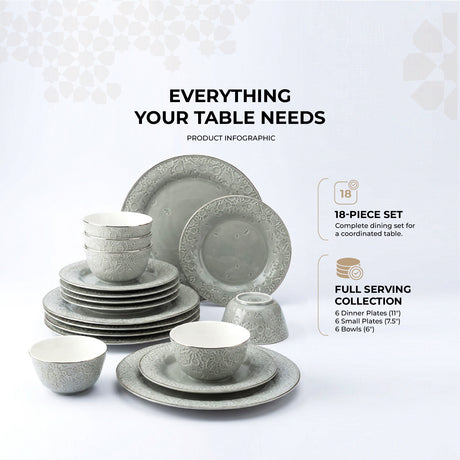 Nourhan - Dinner Set (18-Pc) - Grey & Silver