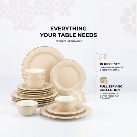 Nourhan - Dinner Set (18-Pc)- Beige & Gold