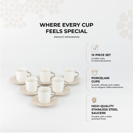 Nourhan - Espresso/Turkish Coffee Set (12-Pc) - Beige & Silver