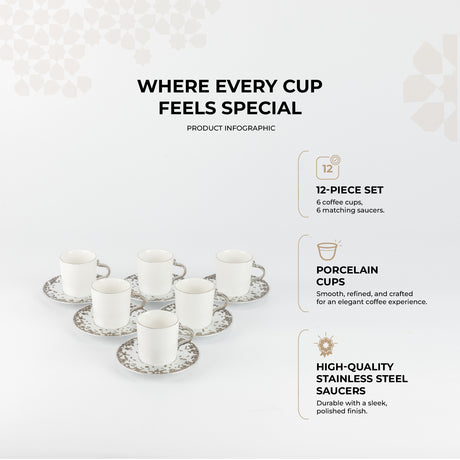 Nourhan - Espresso/Turkish Coffee Set (12-Pc) - Bronze & Silver