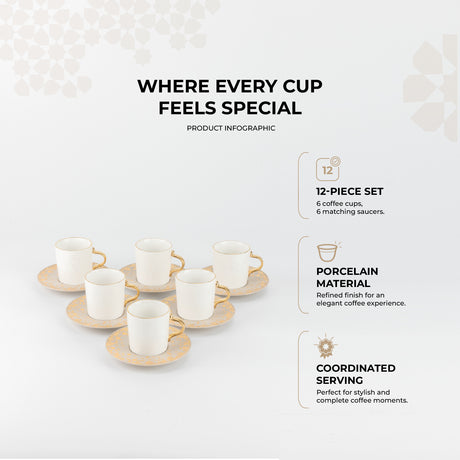 Nourhan - Espresso/Turkish Coffee Set (12-Pc) - Gold & Beige