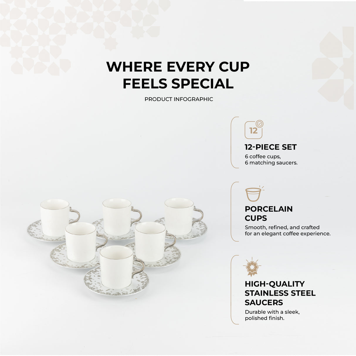 Nourhan - Espresso/Turkish Coffee Set (12-Pc) - Silver