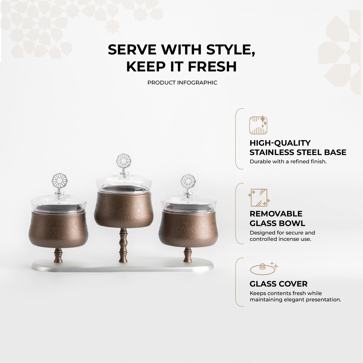 Nourhan - Triple Bowl Serving Set - Bronze & Silver