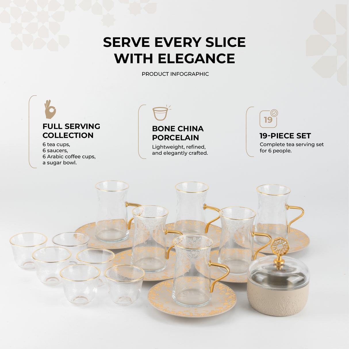 Nourhan -  Tea Set (19-Pc) - Gold & Beige
