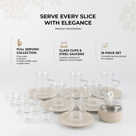 Nourhan -  Tea Set (19-Pc) - Beige & Silver