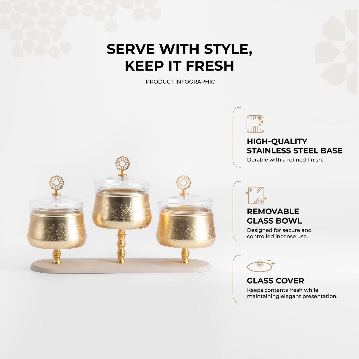 Nourhan - Triple Bowl Serving Set - Gold & Beige