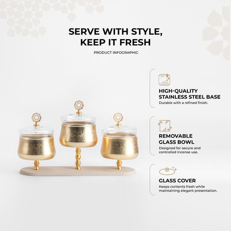 Nourhan - Triple Bowl Serving Set - Gold & Beige