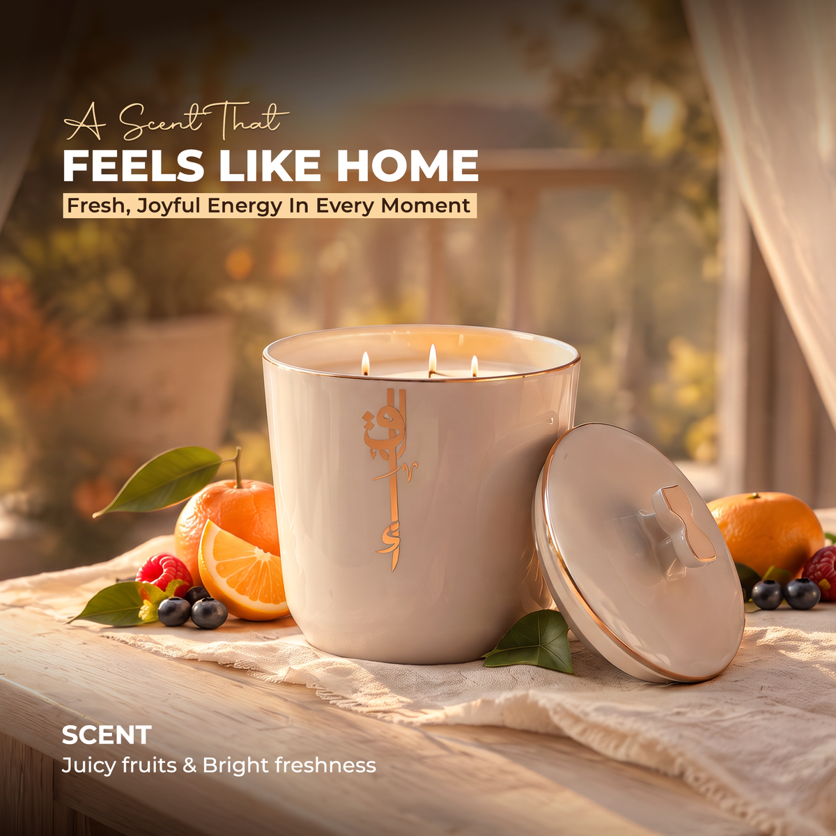 Liqaa - Medium Candle|Fruit Basket - Beige & Gold