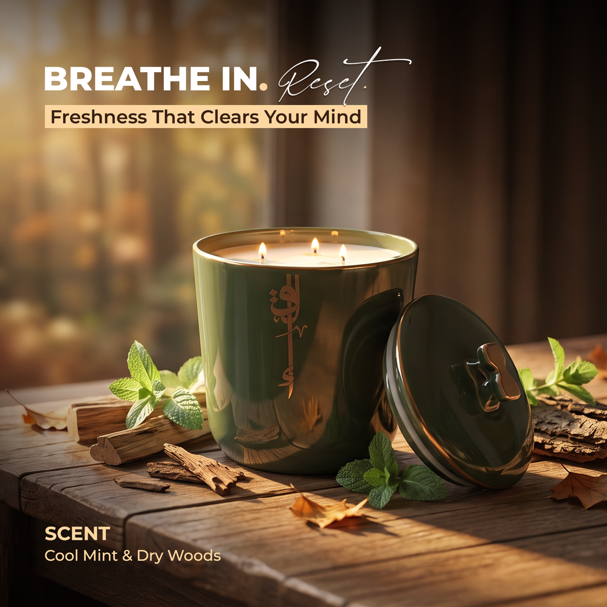 Liqaa - Large Candle|Wood Mint - Olive Gold
